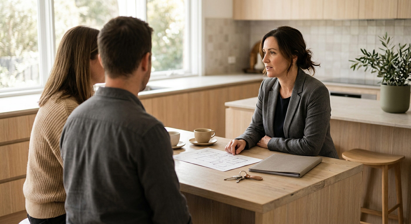 Real estate agent presenting a property appraisal to homeowners at a kitchen bench