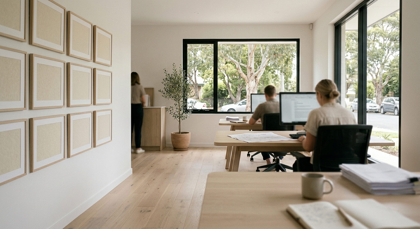 Interior of an Australian real estate agency office with agents at work